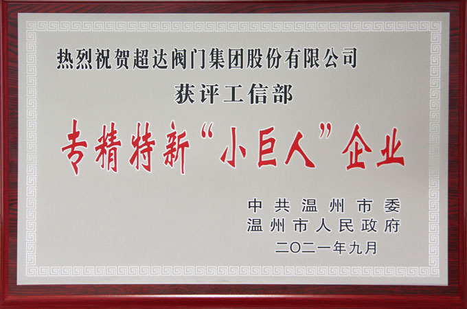 超达阀门荣获专精特新“小巨人”企业